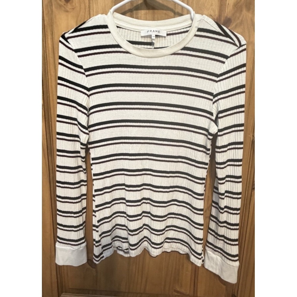 FRAME Striped Ribbed Long Sleeve Top Large Quiet Luxury Coastal Preppy